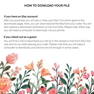 Puede incluir: Fondo blanco con texto que explica c&oacute;mo descargar archivos de Etsy, incluidas instrucciones para titulares de cuentas e invitados. El t&iacute;tulo es "HOW TO DOWLOAD YOUR FILE". Con borde floral.