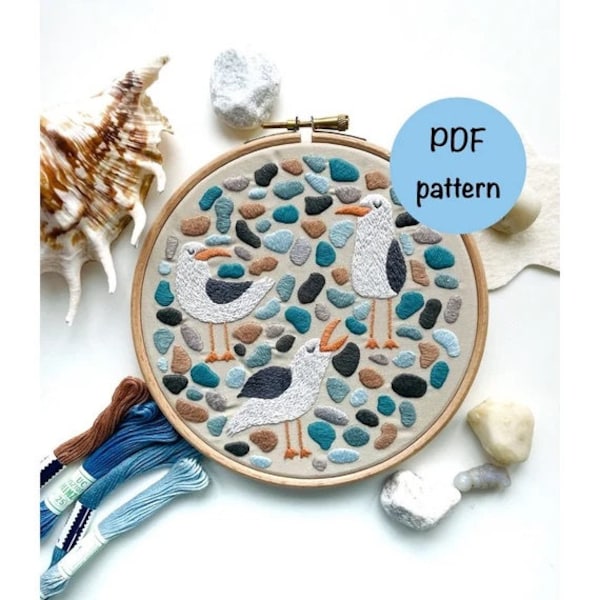 PDF embroidery hoop art, Seagulls on the seaside embroidery pattern, Beginner DIY embroidery download,Bird sewing pattern,Seagull embroidery