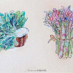 Coste e asparagi (studi), pennarello e pastello acquarellato. Natura morta con verdure.