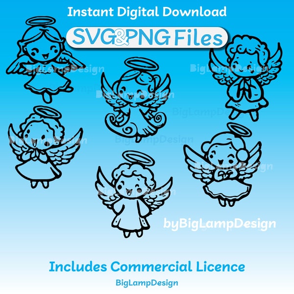 6 Cute Christmas Angels Outlines SVG PNG Kawaii Xmas File Instant Digital Download Vinyl Cut ClipArt Vector Cricut Maker Winter Decorations