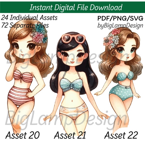 25  300dpi Vintage Watercolour Curvy Bikini Beach Girls PDF/SVG/PNG Bundle Summer ClipArt Vector Cutting File Download Print and Cut
