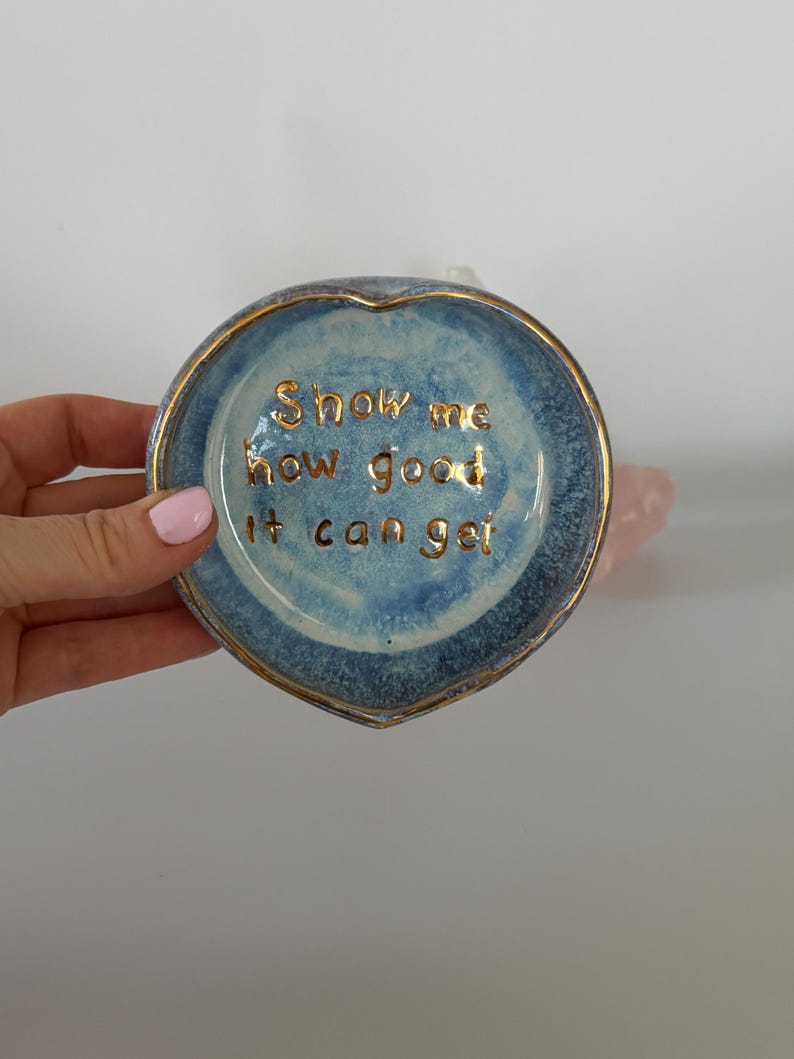 Handmade Ceramic Heart Trinket Dish with Gold Luster Rim Affirmation Bowl image 7