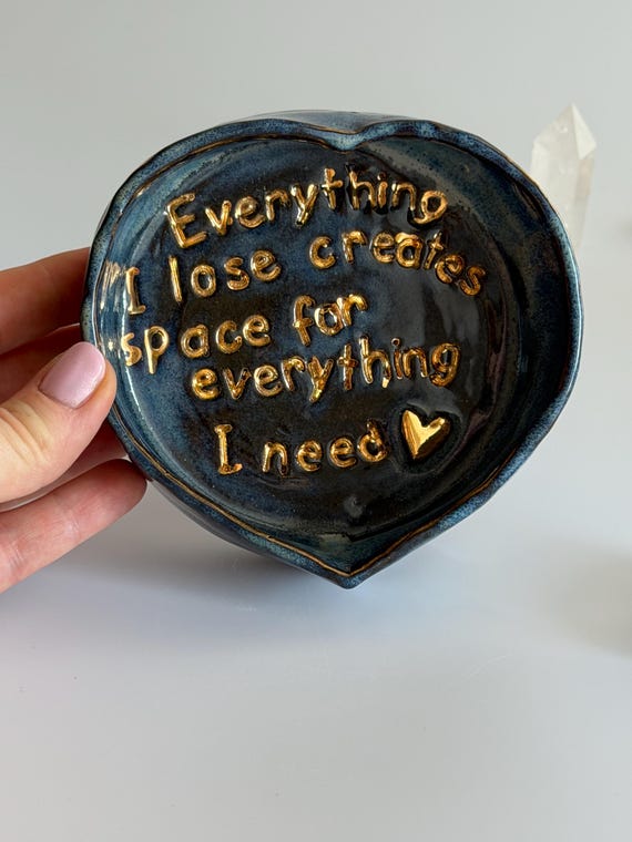 Handmade Ceramic Heart Trinket Dish with Gold Lettering Affirmation