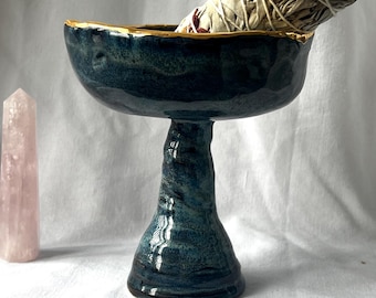 Handmade Dark Blue Ceramic Copalera  with Gold Rim – Smoke Cleansing Ritual Vessel