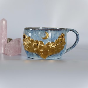 Handmade ceramic Angel wings mug with moon, gold (300ml)