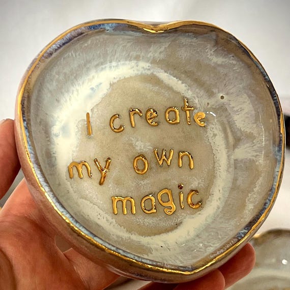 Handmade Ceramic Heart Trinket Dish with affirmation “I create my own magic”