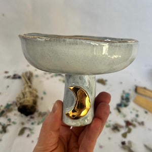 Handmade Smudge Bowl: Blue Clay Incense Holder with Gold Moon