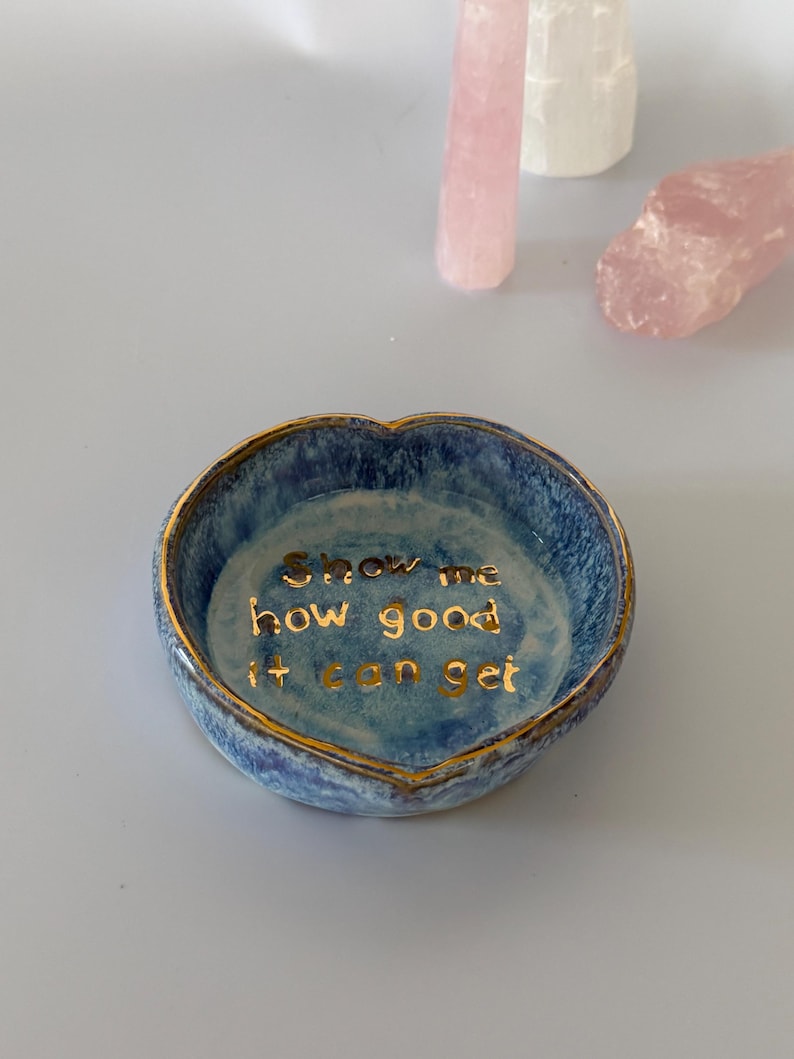 Handmade Ceramic Heart Trinket Dish with Gold Luster Rim Affirmation Bowl image 4