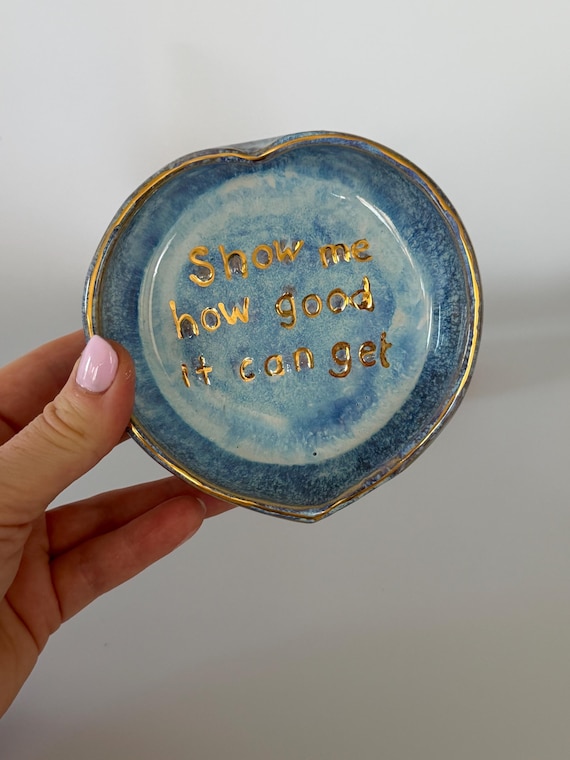 Handmade Ceramic Heart Trinket Dish with Gold Luster Rim Affirmation Bowl