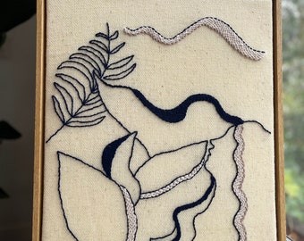 Framed Textile Art, Modern Embroidery, Floating Frame, Fiber Art, Textile Wall Hanging, Minimalist, Abstract, Botanic, Pachamama, Japandi