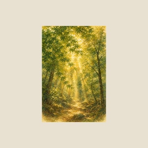 May include: A vertical painting depicting a sunlit forest path surrounded by lush green trees. Golden light filters through the dense canopy of leaves, creating bright rays that illuminate the dirt trail and the forest floor below.
