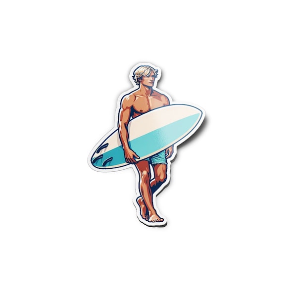 Pack AUTOCOLLANTS STICKERS Vinyle Surf Résistant Eau et UV Déco Adhésive Plage Surfeur Blond Torse Nu avec planche Chill mer Qualité 9cm