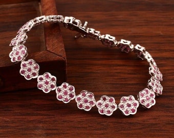 18K Gold Handmade Sterling Silver Ruby Flower Bracelet, Ruby Tennis Bracelet, Gift for her, Delicate Bracelet, Ruby Gemstone bracelet, gifts