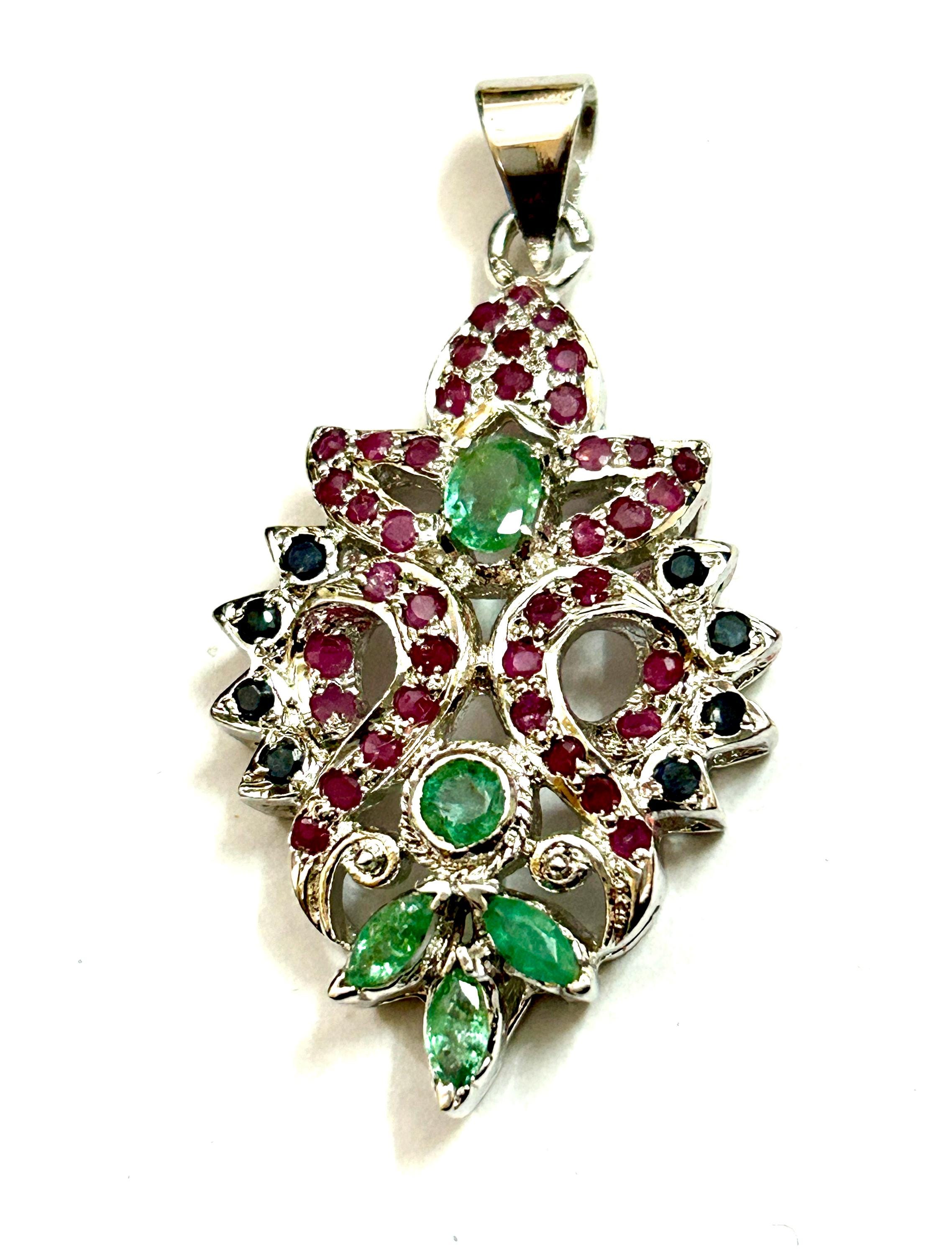 天然ルビーエメラルドサファイアペンダントネックレス、925