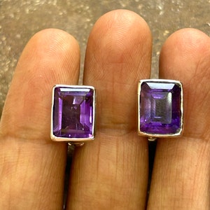 Rectangle amethyst earrings .solid silver stud earrings, natural amethyst stud earrings, purple amethyst earrings, English lock earrings