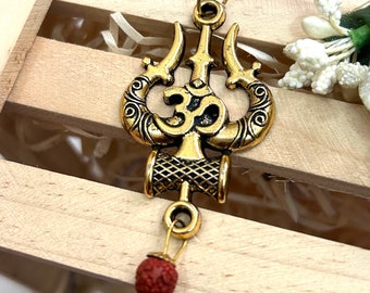 Médaillon Mahakal avec Rudraksha, pendentif doré Om Trishul Damru, médaillon religieux spirituel Shiva pour homme et femme (sans chaîne)