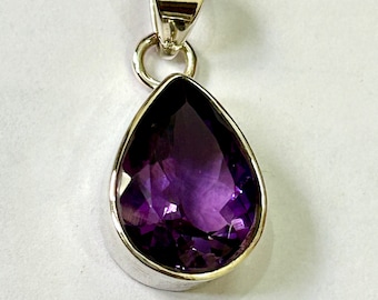 Colgante de lágrima de amatista natural, plata de ley 925, piedra natal de febrero