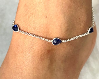 Bracelet de cheville saphir en argent sterling, bracelet de cheville chaîne de perles pour femme