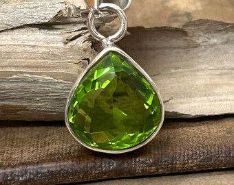 Peridot pear cut silver plated pendant necklace for men and women , August birthstone, gemstone for positive energy