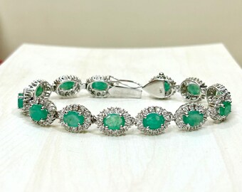 Emerald Cluster Tennis Bracelet, .925 Sterling Silver, May Birthstone