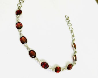 Natural Garnet 18K Gold Sterling Silver Bracelet, January Birthstone, Garnet Oval Tennis Bracelet, Gift For her,Birthday Anniversary gift