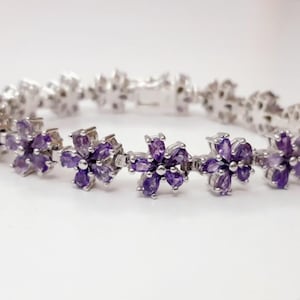 Natural amethyst Sterling Silver Flower bracelet | Anniversary bracelet for women | Amethyst tennis bracelet | delicate bracelet |Gift her