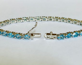 Natural Blue Topaz 18K Gold Sterling Silver Tennis Bracelet, Blue Topaz Bracelet, December Birthstone,Topaz Bracelet, Gift for her, Delicate