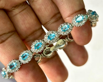 Natural Swiss Blue Topaz 18K Gold Sterling Silver Bracelet, December Birthstone, Blue Topaz Bracelet, Topaz Tennis bracelet, Gift for her