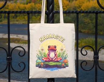 Frog Mushroom Tote Bag, Namaste Frog Mushroom, Cute Mushroom Tote Bag, Groovy Tote Mushroom, Mushroom Bag Canvas Tote, Frog Mushroom Tote