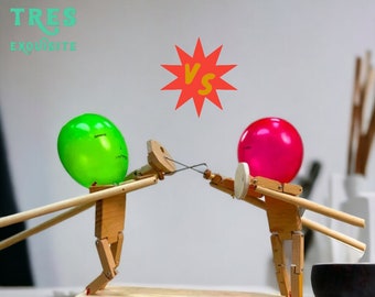 Handmade Wooden Fencing Puppets,Balloon Bamboo Man Battle Game for 2  Players, Whack a Balloon Party