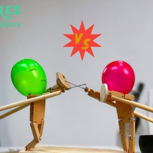 2024 New Handmade Wooden Fencing Puppets, Wooden Bots Battle Game for 2  Players，Fast-Paced Balloon Fight, Whack a Balloon Party