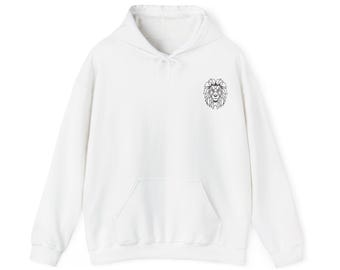 May include: White hooded sweatshirt with a black geometric lion design on the left chest.