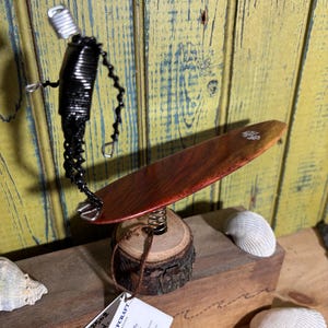 Handmade Wood and Wire Dashboard Surfer: Candy Cane Paduk Surfboard Hula Dancer Surf Surfing