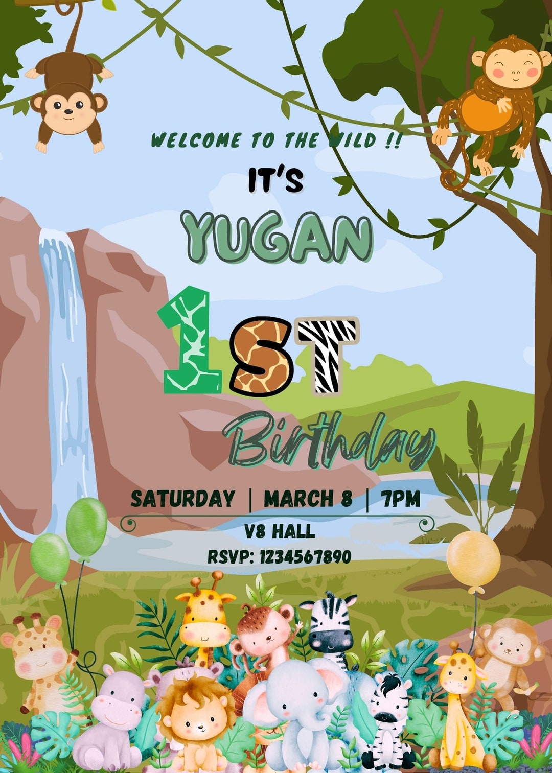 1st Year Birthday Invitation Digital Template Canva Editable and