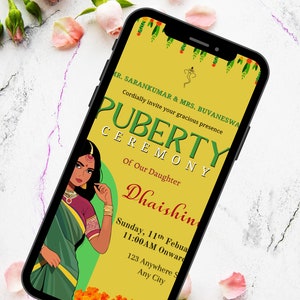 Pu&ograve; includere: Un invito giallo e verde con un bordo floreale. La carta annuncia una cerimonia di pubert&agrave; per Dhaishin, domenica 11 febbraio alle 11:00. La carta presenta un'illustrazione di un cartone animato di una donna in sari verde.