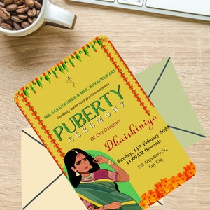 Pu&ograve; includere: Un invito giallo e verde con un bordo floreale. La carta presenta un'illustrazione di cartone animato di una donna in sari verde e blusa rossa. Il testo sulla carta recita "Cerimonia di pubert&agrave; della nostra figlia Dhaishiniya, domenica 11 febbraio 2024, 11:00 in poi, 123 Anywhere St., Any City."