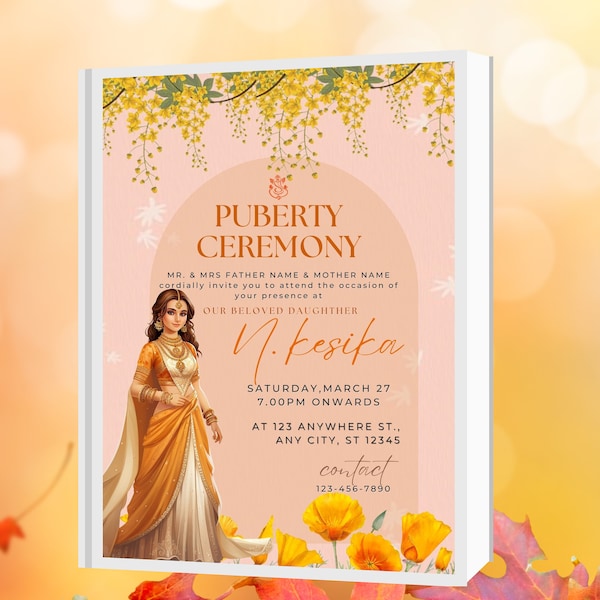 Half Saree Ceremony Invitation & Puberty Ceremony Invitation Digital Template Canva editable and Printable Invitation.