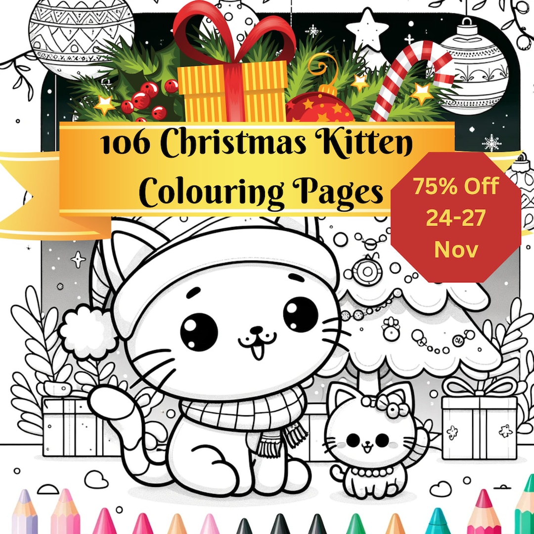 106 Christmas Kitten Colouring Pages complete Collection - Etsy