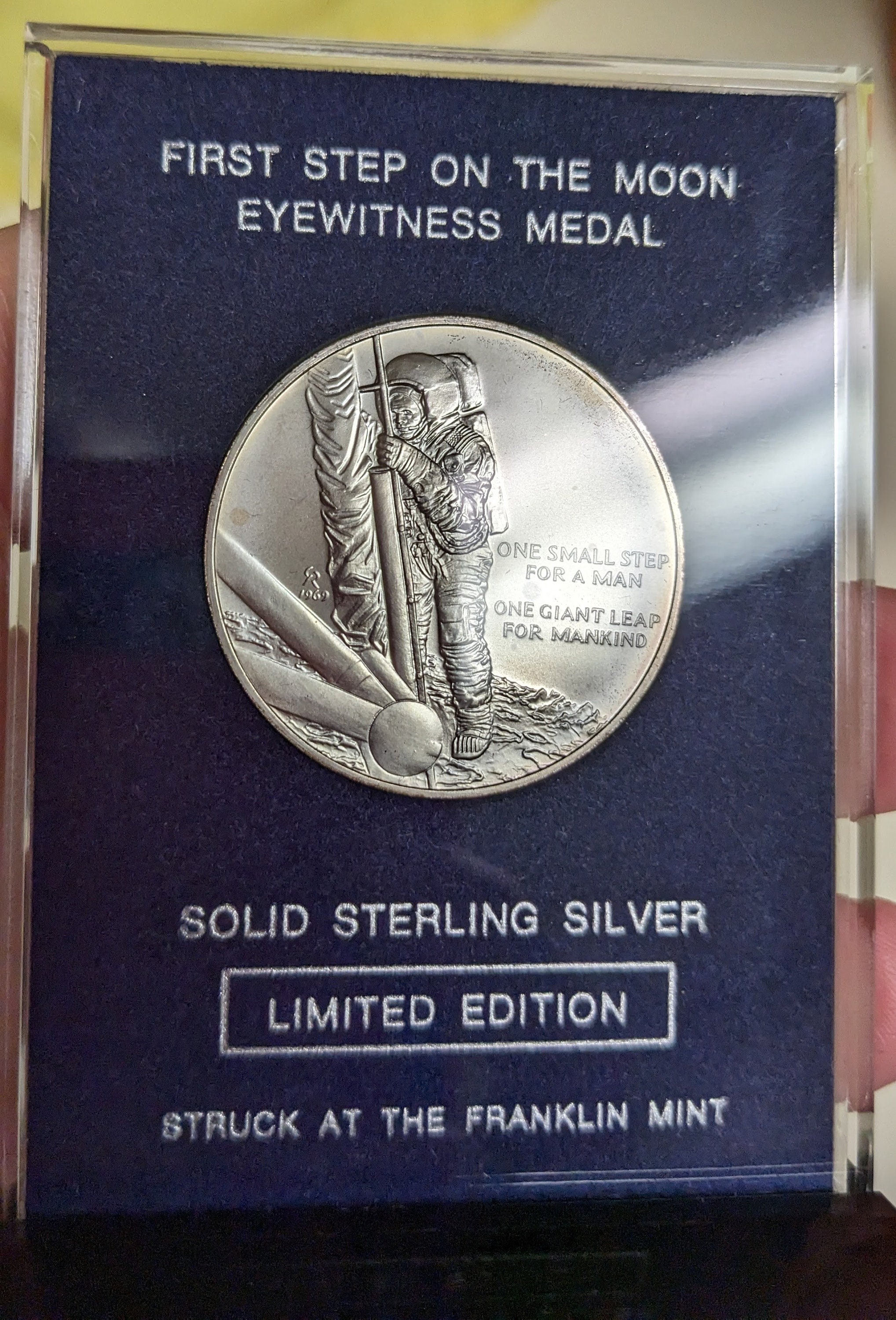 Franklin Mint Solid Sterling Silver Medal First Step on the Moon