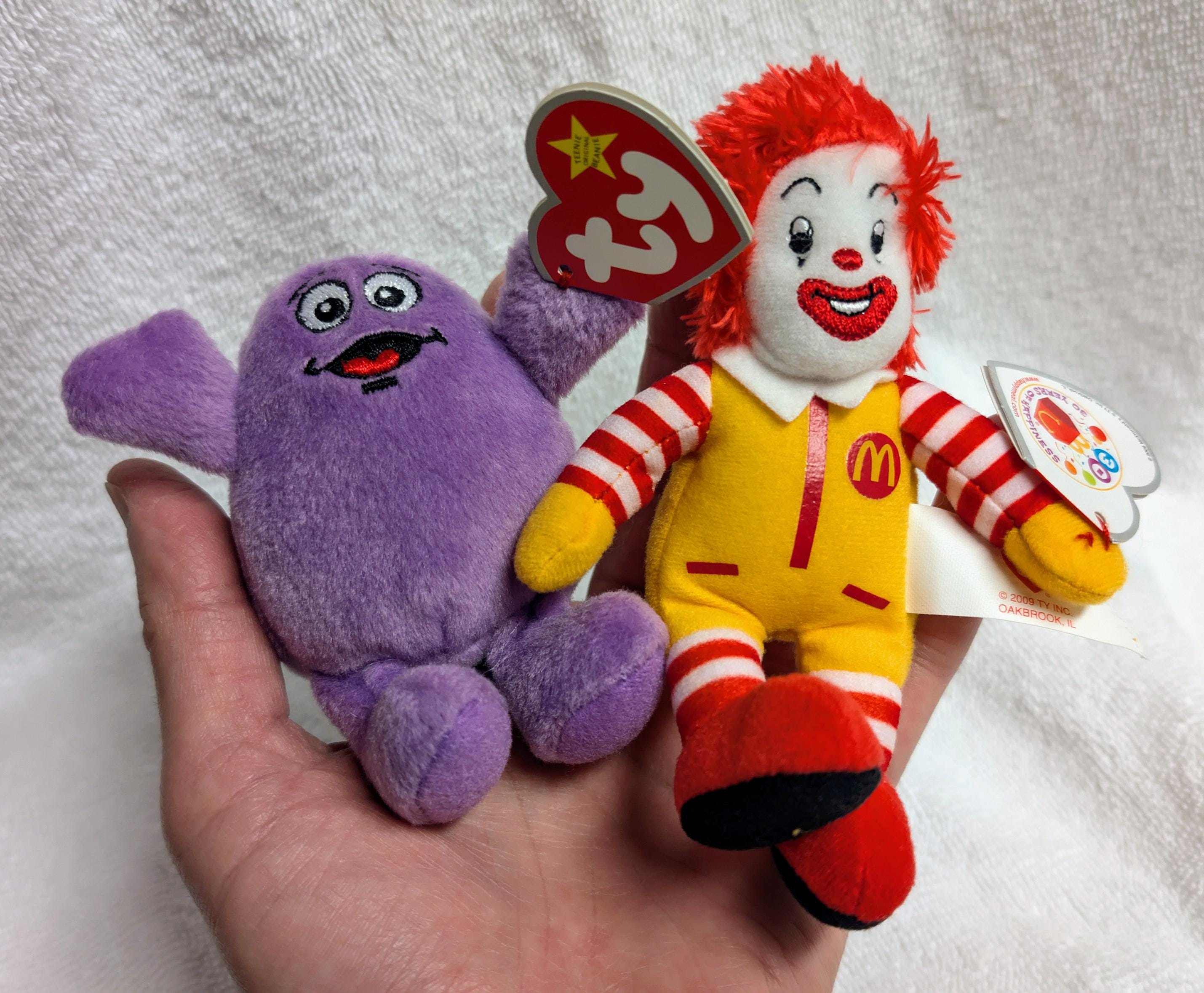 Grimace and Ronald Ty Beanie Teenie Babies PAIR McDonalds 2009 Promotion New