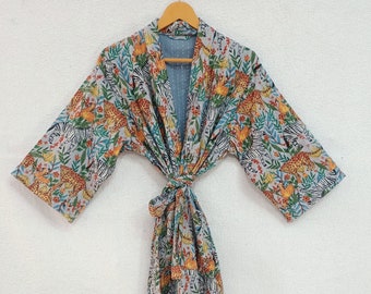 Animal Print Cotton Kantha Kimono Robe: Hand Block Printed Floral Gown