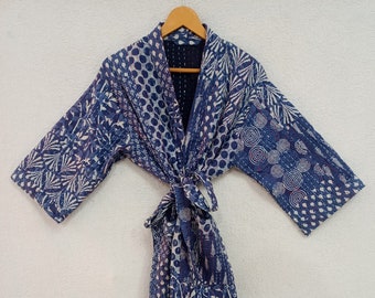 Handmade Cotton Kantha Kimono Robe: Block Print Floral Gown
