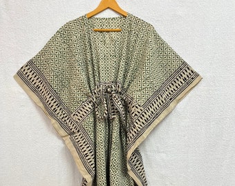 Summer Wear Bagru Print Cotton kaftan For Beach Cover Up, Indian Hand Block Night Gown, Women&#39;s Beach Wear Clothing, Hand Printed Tunics