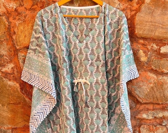 Hand Block Print Cotton Caftan Dress: Jaipuri Floral Beach Cover Up