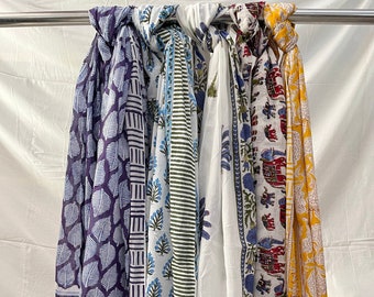 Handmade Indian Cotton Sarong: Floral Block Print Beach Scarf