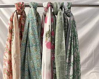 Handmade Indian Cotton Sarong: Floral Block Print Beach Scarf