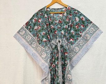 Floral Block Print Cotton Caftan Dress: Handmade Jaipuri Robe