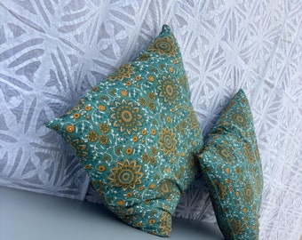 Hand Block Printed Cotton Cushion Cover: Green Floral Decorative Pillow