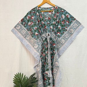 Vestido caftán de algodón hecho a mano con estampado de hojas rojas, caftán largo, vestido para cubrir bikini, vestido maxi con estampado de flores y kimono