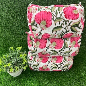 Quilted Wash Bag, Leaf Block Print Toiletry Bag, Waterproof Cosmetic bag, Cotton Travel bag, Make up Pouch, Vanity Case, Set of 3 piece Bag